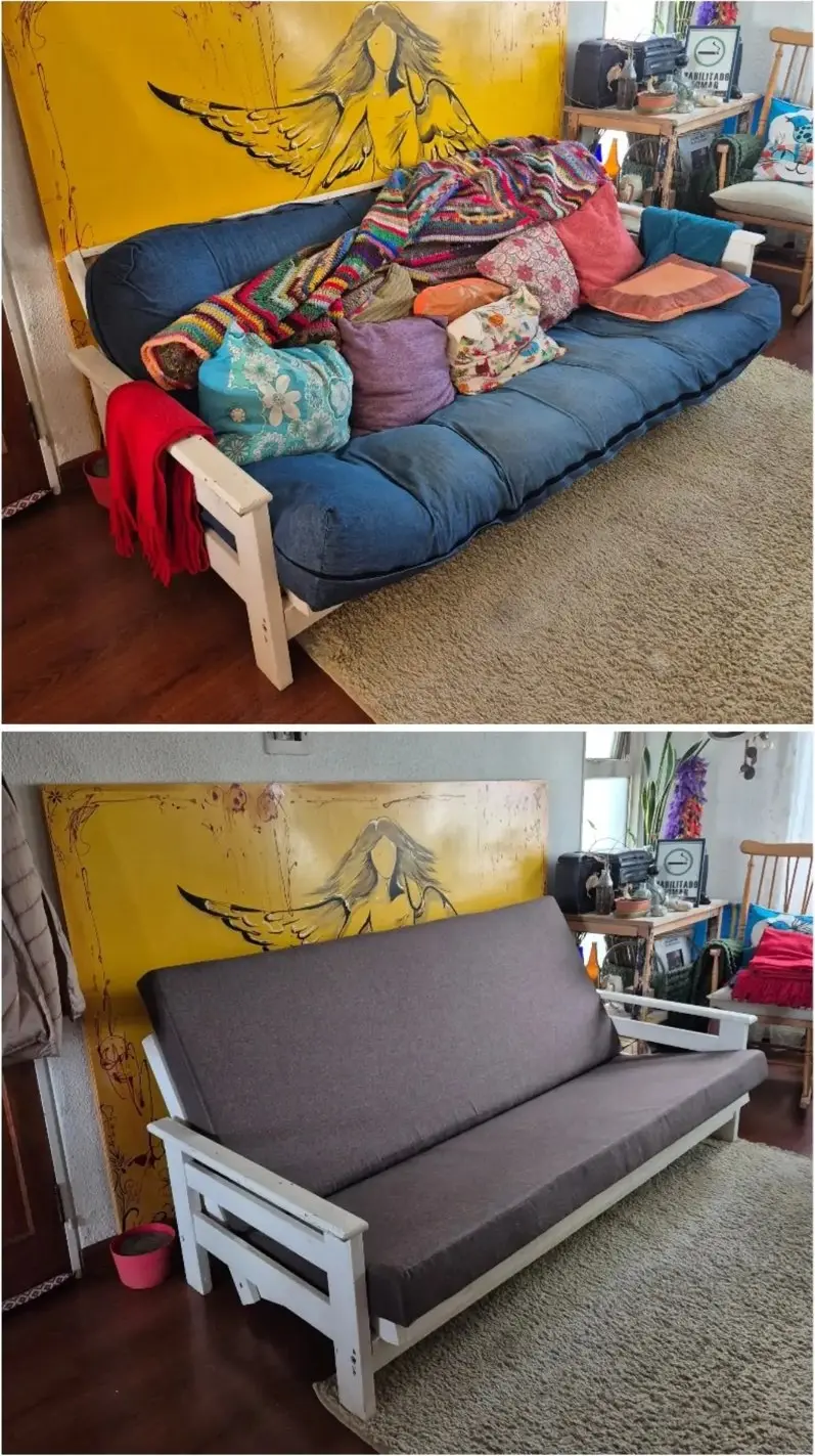 Futón antes y después del retapizado en Tapestry: de una funda de jean gastada a tela gris nueva