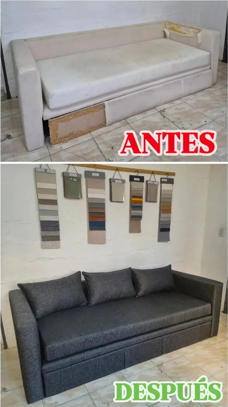 Sillón cama antes y después del retapizado en Tapestry: de tela blanca gastada a tela gris oscura nueva